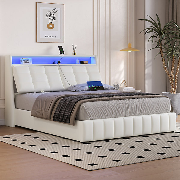 Lit 160x200 cm avec rangement sous sommier, tête rembourrée réglable, éclairage LED latéral et ports USB intégrés