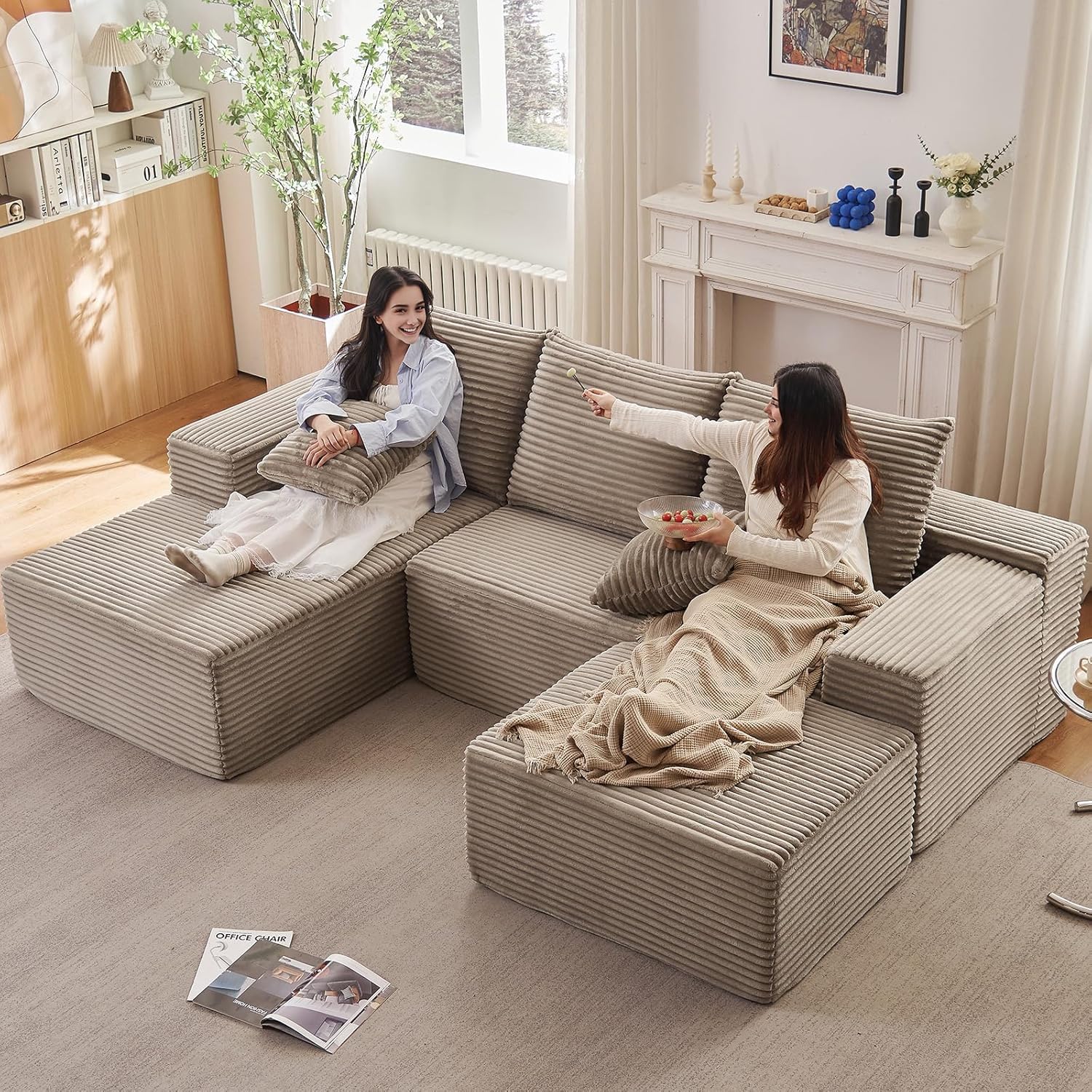 107 Cloud Modular Sectional Couches, Modern Convertible U Shaped Couch, 3 Seat Corduroy Comfy Deep Seat Sectional Sofa Oversize Deep Seat Sofa Camel