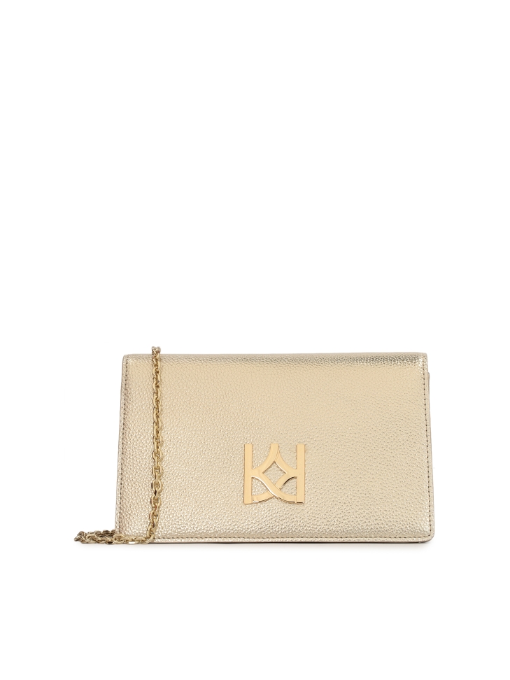 Small golden bag on a chain with a large monogram