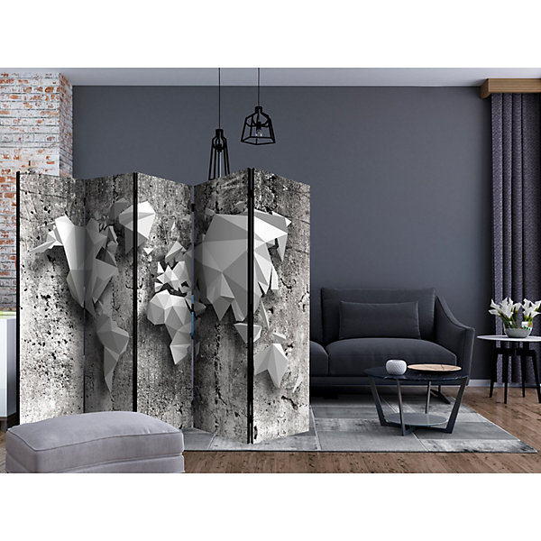 Paravent Décoratif Carte du Monde Design Origami II 225 x 172 cm Noir et blanc
