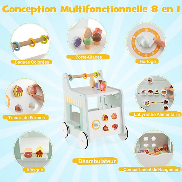 8 en 1 Trotteur Bébé en Bois, Chariot de Marche Bebe avec Accessoires Interactifs, Roues Antidérapantes, Vert