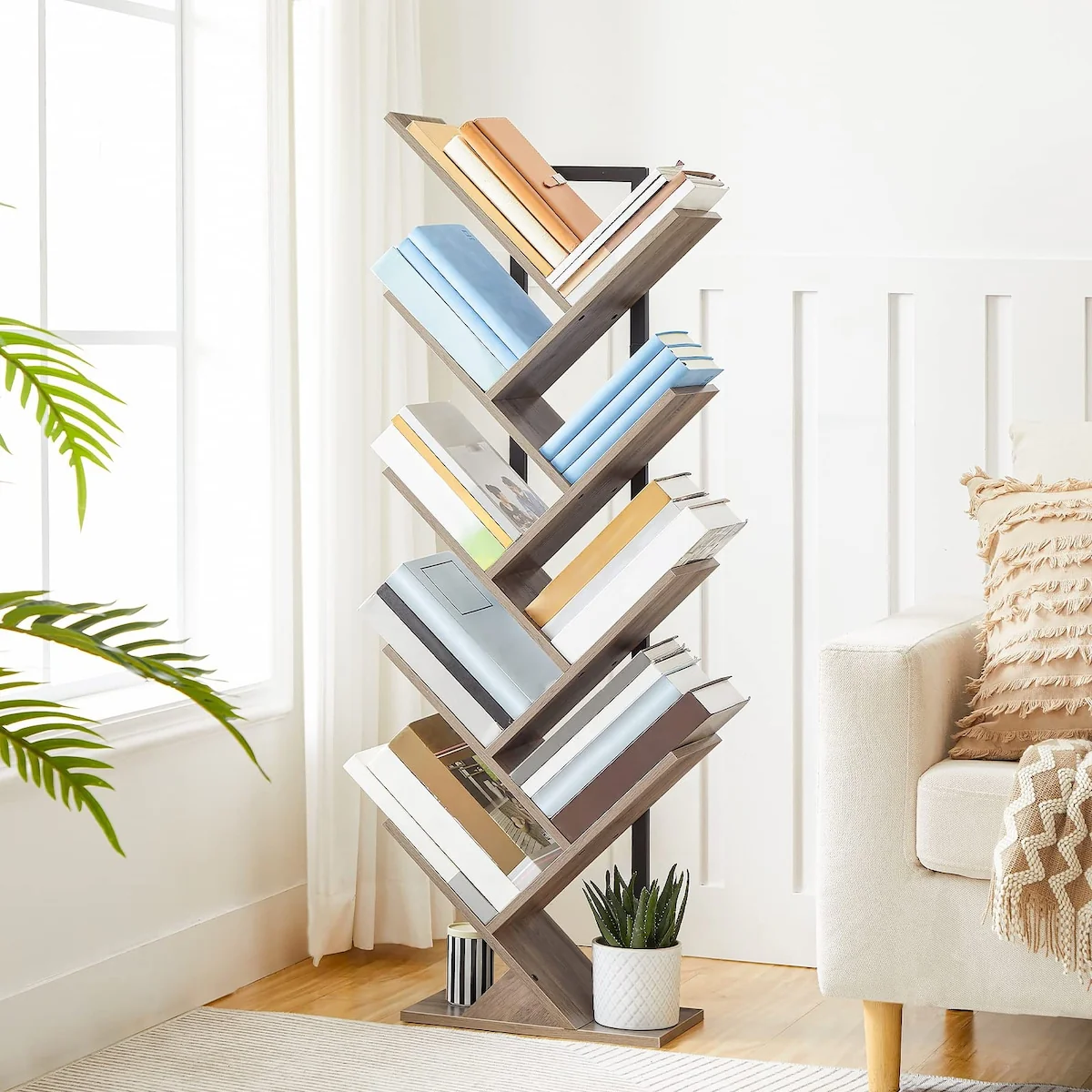 Tree Bookshelf, 9-Tier Bookcase Wooden Shelves, Floor Standing Storage Rack, for Display of CDs, Books in Living Room