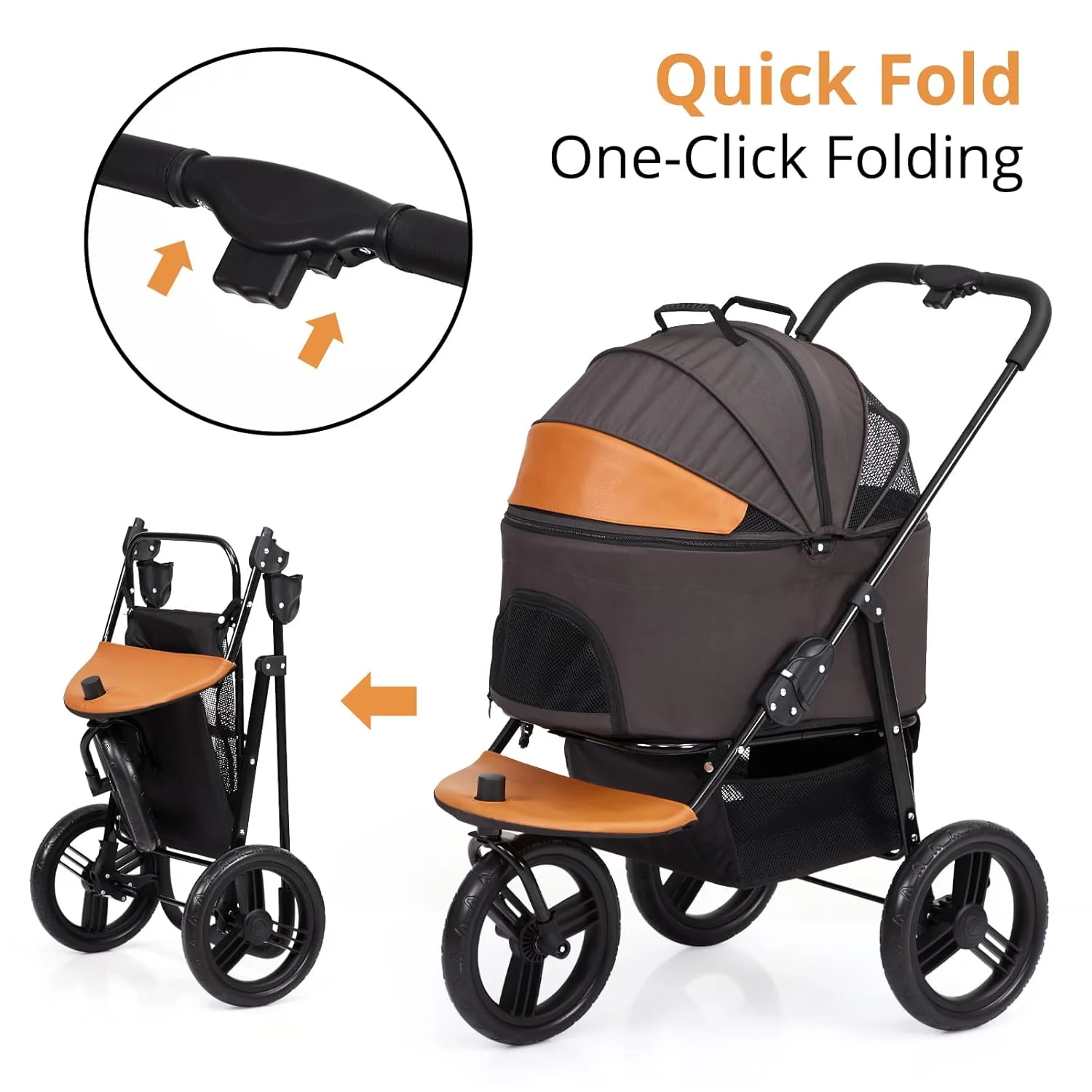 Dog Stroller for Large Pet, Jogger Stroller, Easy Folding Cart Frame, Quick Release Wheel, Breathable Animal Stroller with 4 Wheel and Storage Space Pet Can Easily Walk in/Out Travel(Grey+Orange/Small)