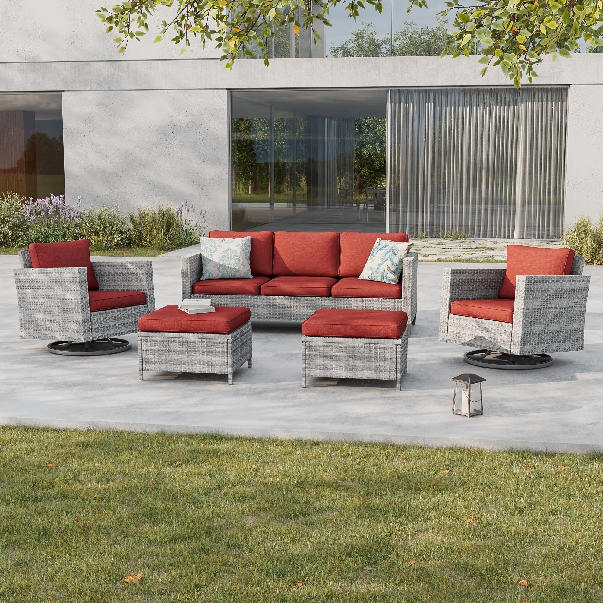 BONOSUKI 5Pcs Patio Furniture Swivel Rocking Sofa Set Grey Rattan