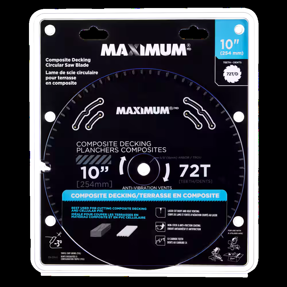 MAXIMUM 10-in 72T Carbide Tipped Circular Saw Blade for Composite Decking