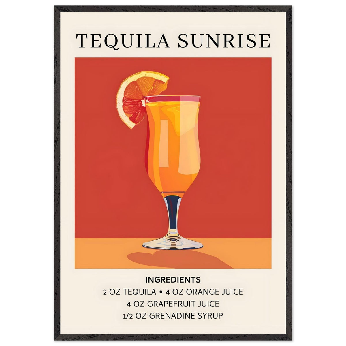 Artfulprints Poster met Lijst Tequila Sunrise cocktail - Ingrediënten  - 70x100 cm - Oranje