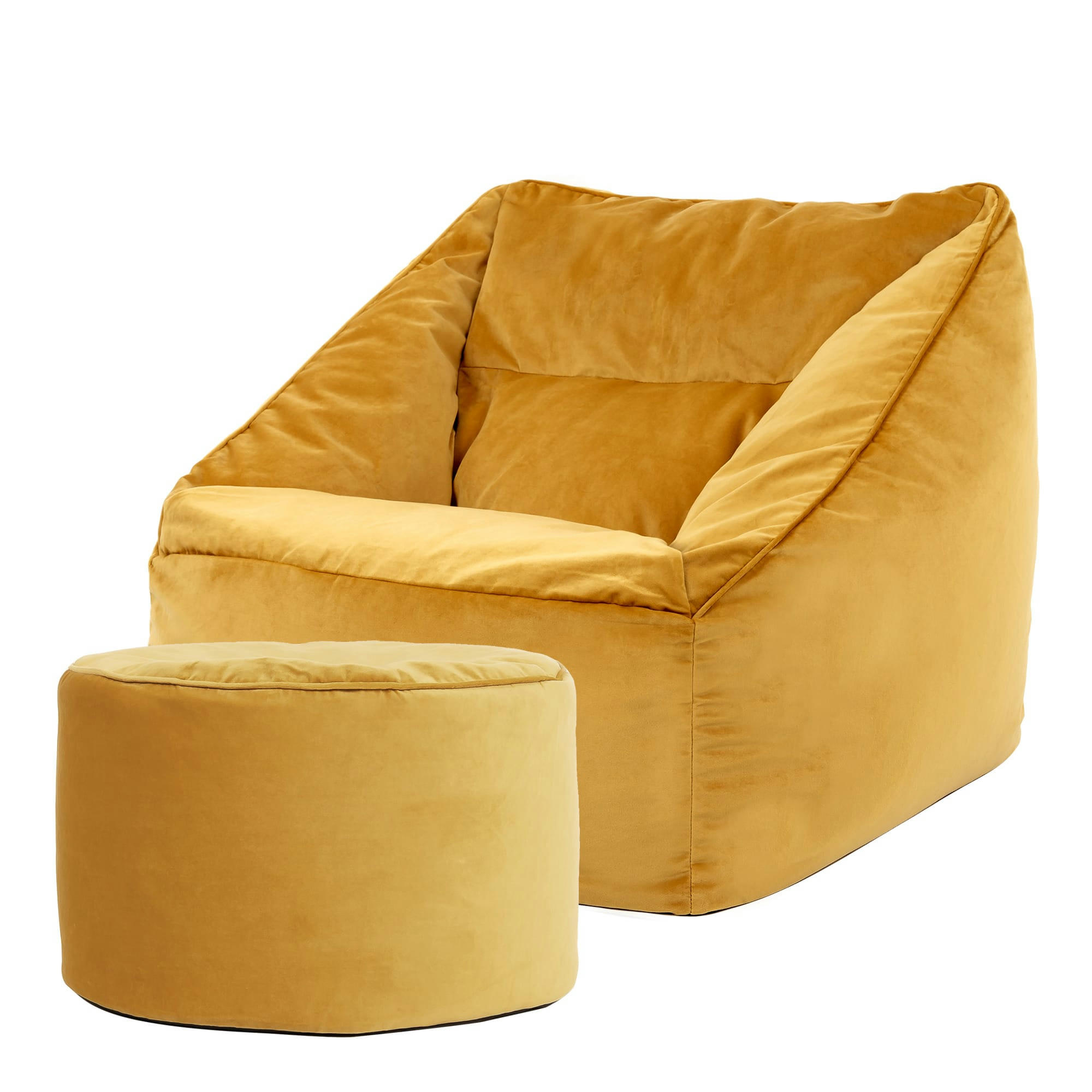 NATALIA - Pouf fauteuil avec repose-pied rond velours jaune ocre