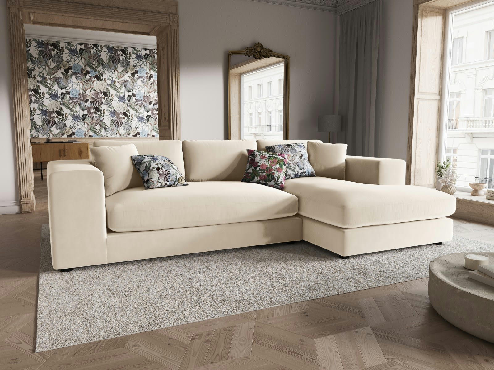 TENDANCE - Canapé D'Angle Droit 5 places en Velours Beige