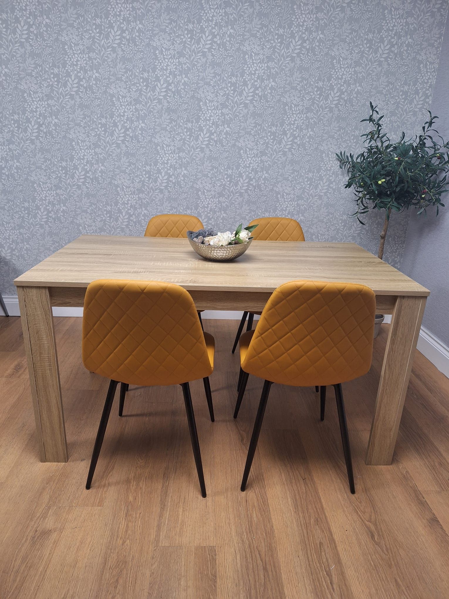KOSY KOALA Oak Effect Dining Table Set With 4 Mustard Gem Pattern Chairs Dining Room Furniture