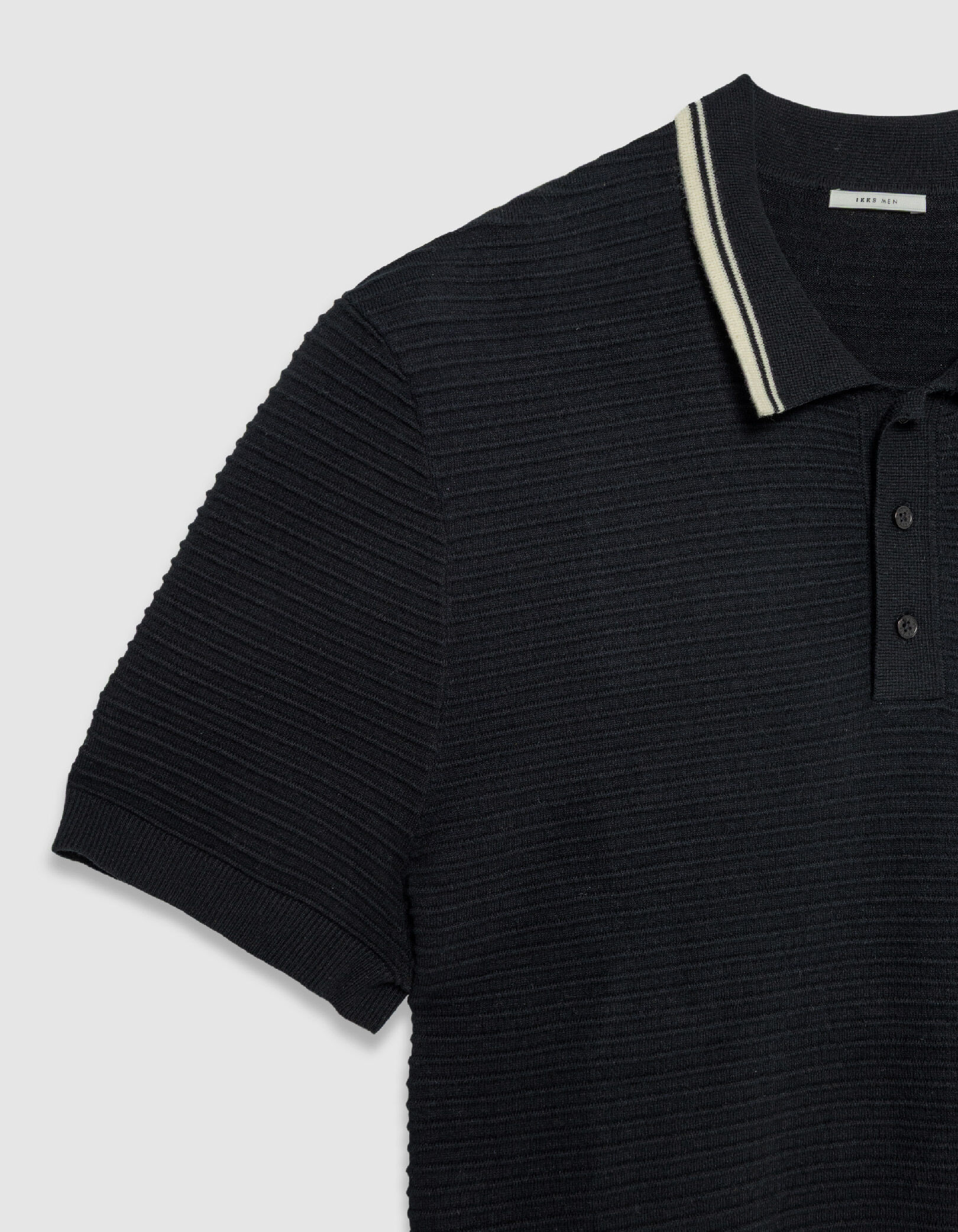 Polo noir tricot relief rayures col rayé Homme