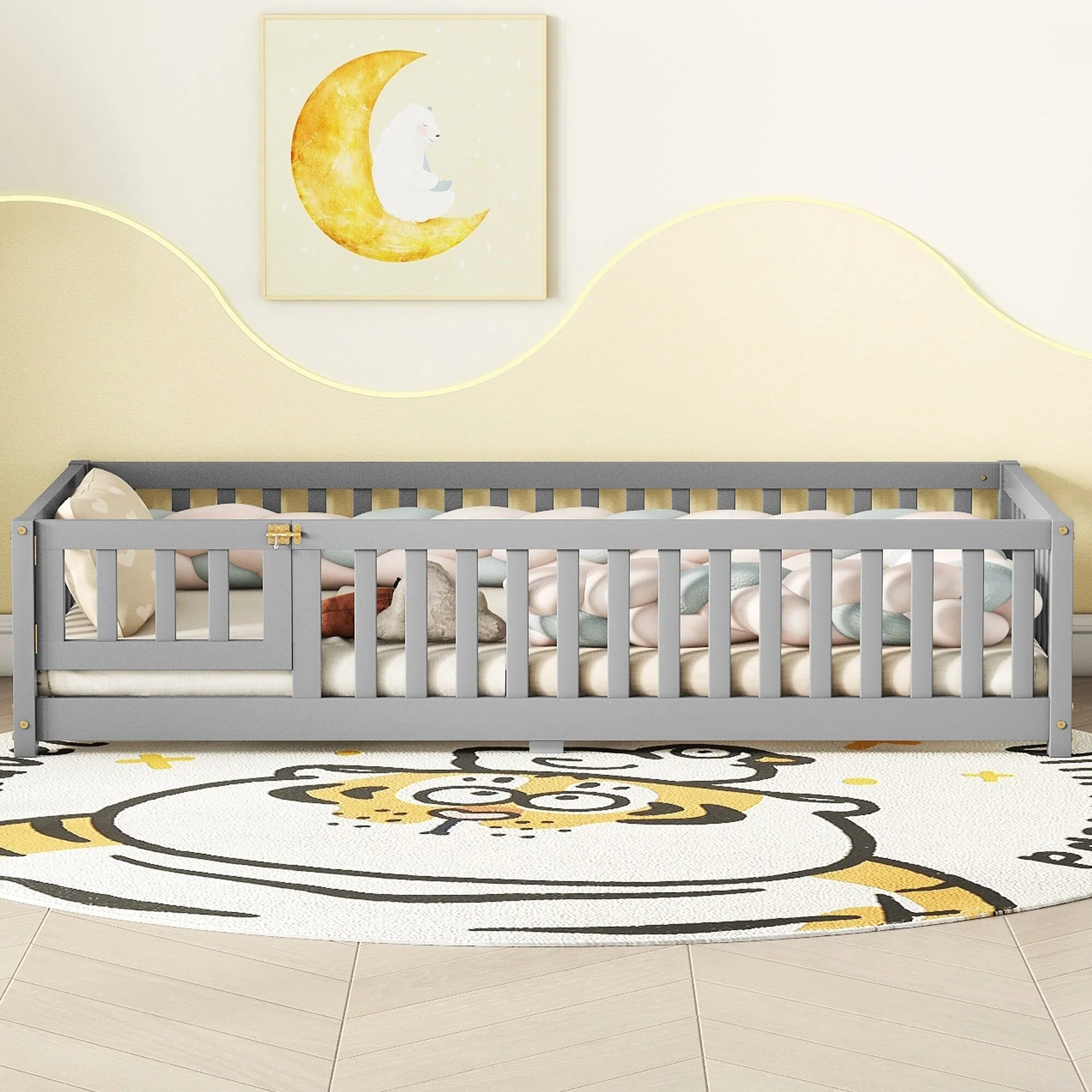 Toddler Montessori Bed Twin Floor Bed Frame with Fences, Door and Removable Slats Wood Frame Bed for Girls Boys Children's Room