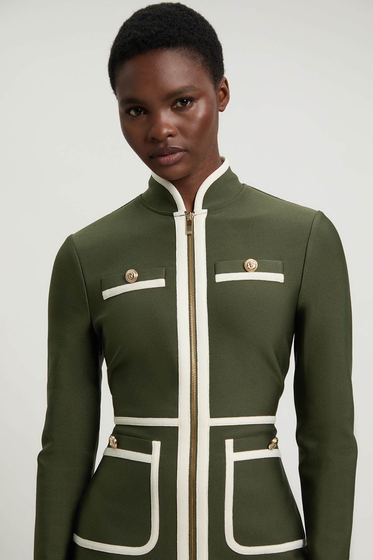 KarenMillen Figure Form Bandage Knit Piping Detail Military Mini Dress