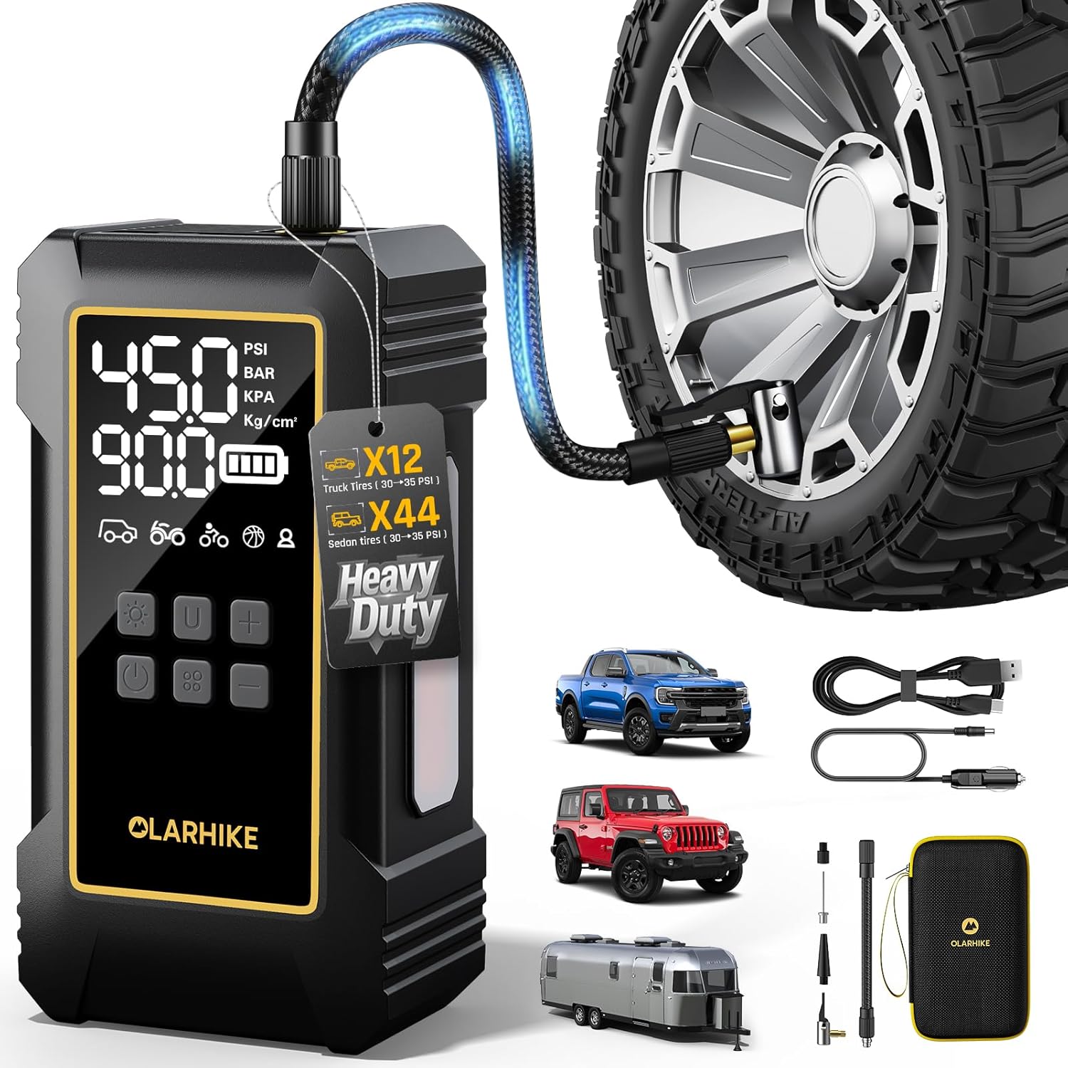 OlarHike Powerful 12000mAh Heavy Duty Tire Inflator Portable Air Compressor, 7X Faster, 150PSI Dual Power 12V&Cordless Air Pump for Car Tires, Pickup Trucks, Jeeps, SUVs & RVs. Digital Pressure Gauge