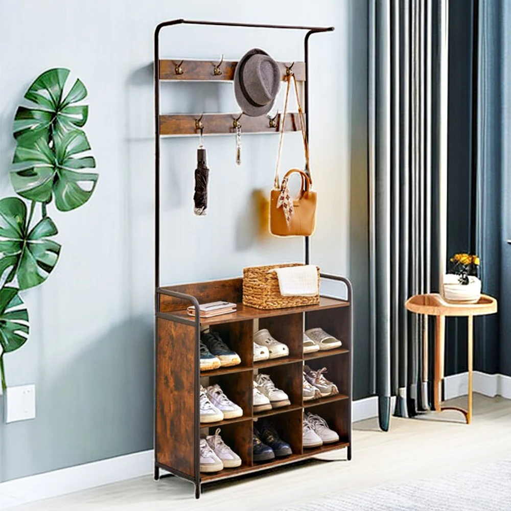 3-in-1 Entryway Coat Rack, Hall Tree with Shoe Rack, 7 Hooks - 11.5D x 31W x 71H