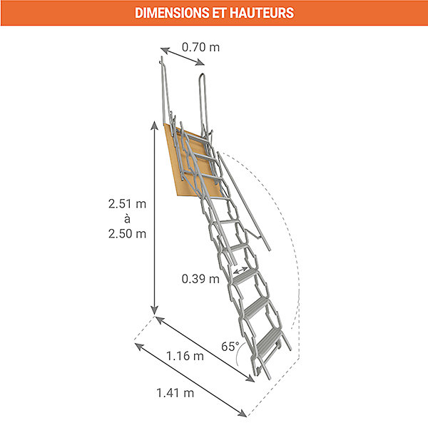 Echelle accordéon avec trappe grise - 1 main-courante - Hauteur d'accès 2,26 à 2,50m - PALCO/A/G-250