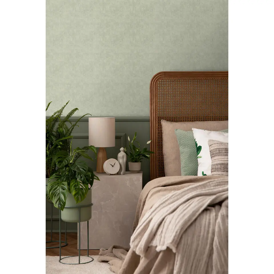 Sanders & Sanders behang linnenstructuur vergrijsd mintgroen - 280 x 275 cm