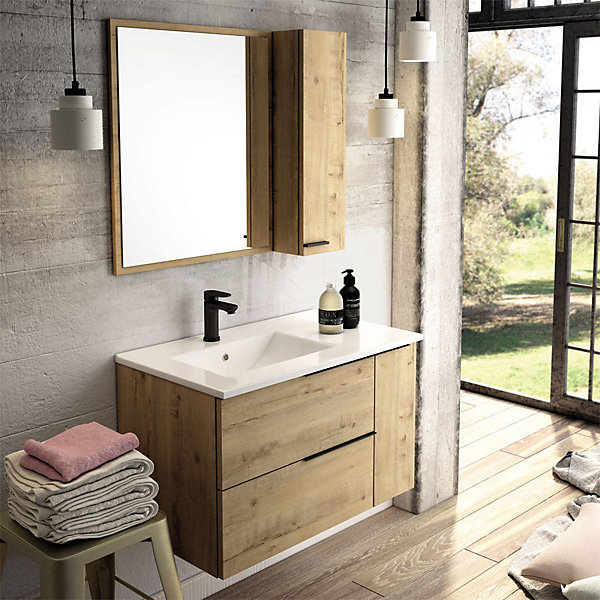 Ensemble meuble de salle de bain 80cm vasque déportée   colonne de rangement - KING - Roble (chêne clair)