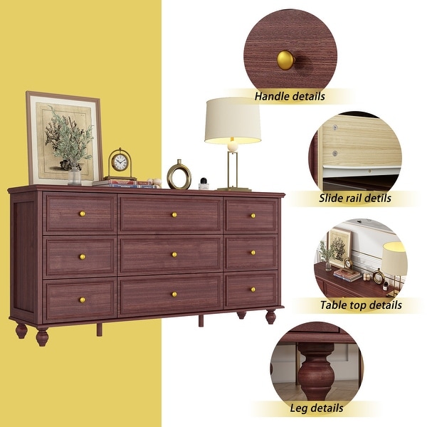 63"W Wood Dresser Bedroom Storage Drawer Organizer Closet 9 Drawer
