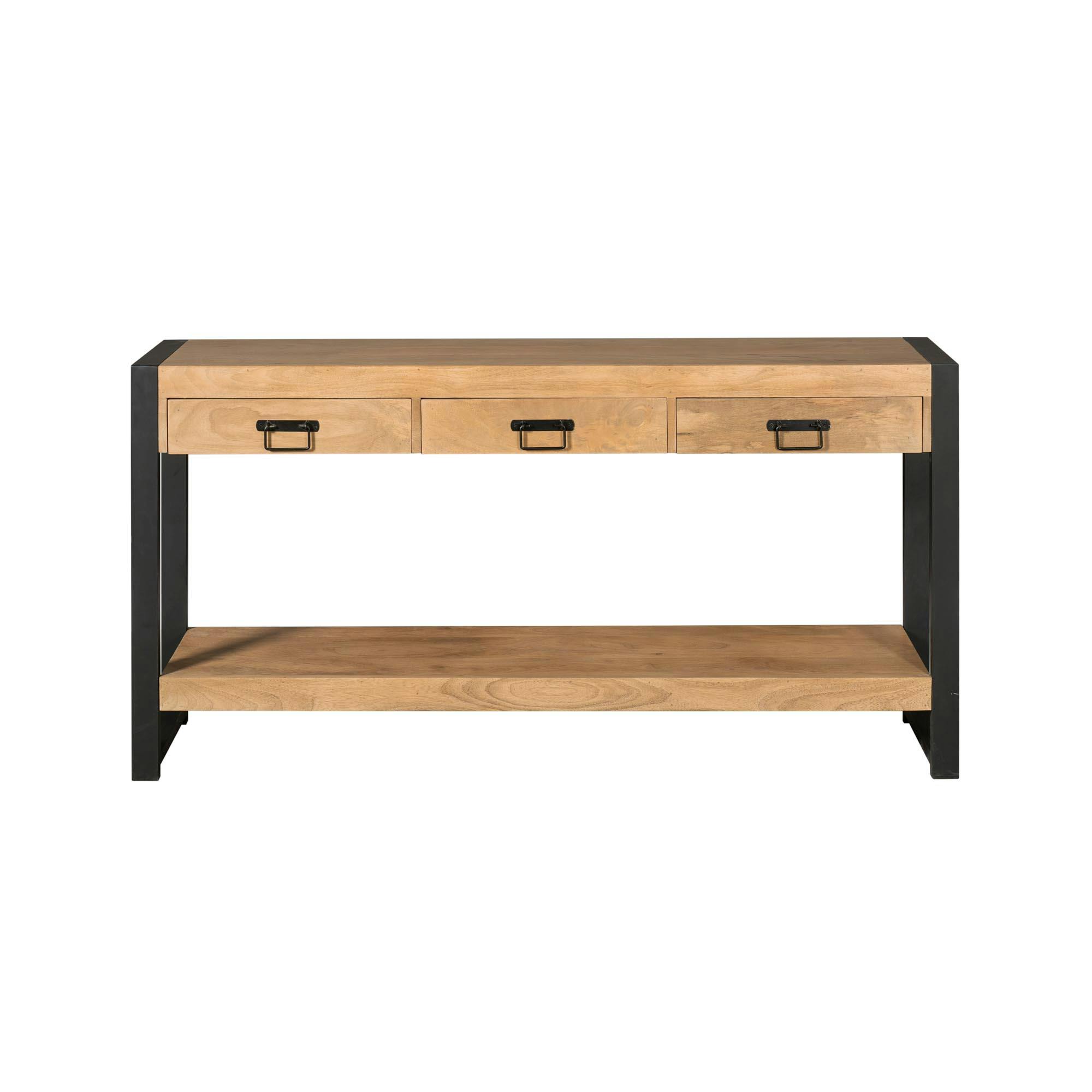 Longue console d'entrée bois clair métal noir 3 tiroirs MILORA
