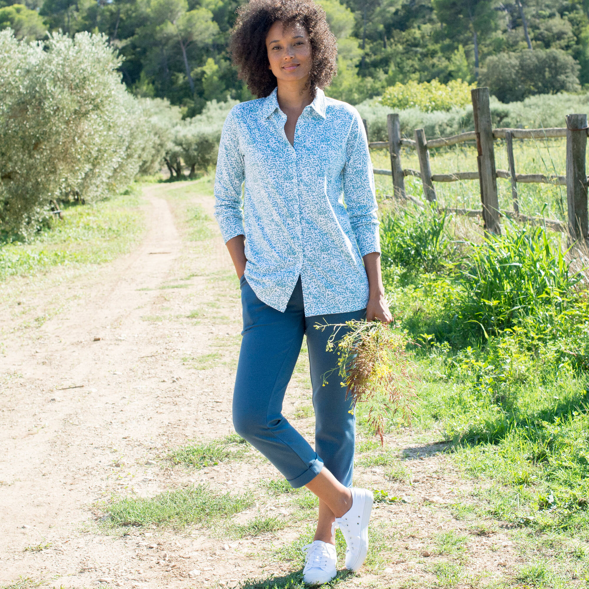 T-shirt boutonné imprimé manches longues, forme tunique