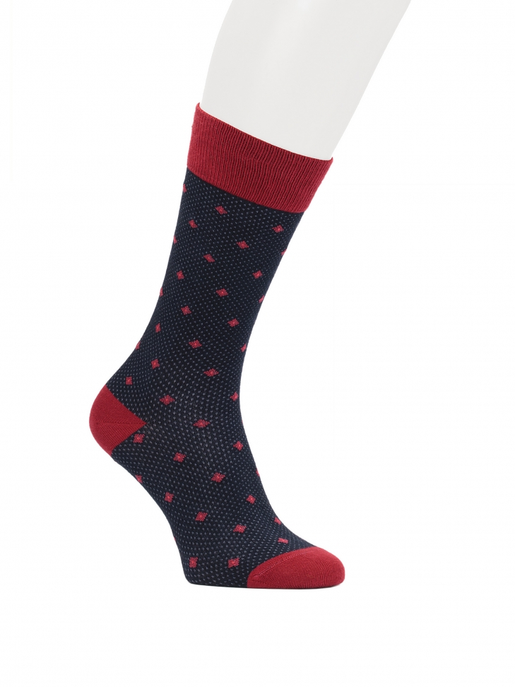 Navy blue socks with a maroon pattern