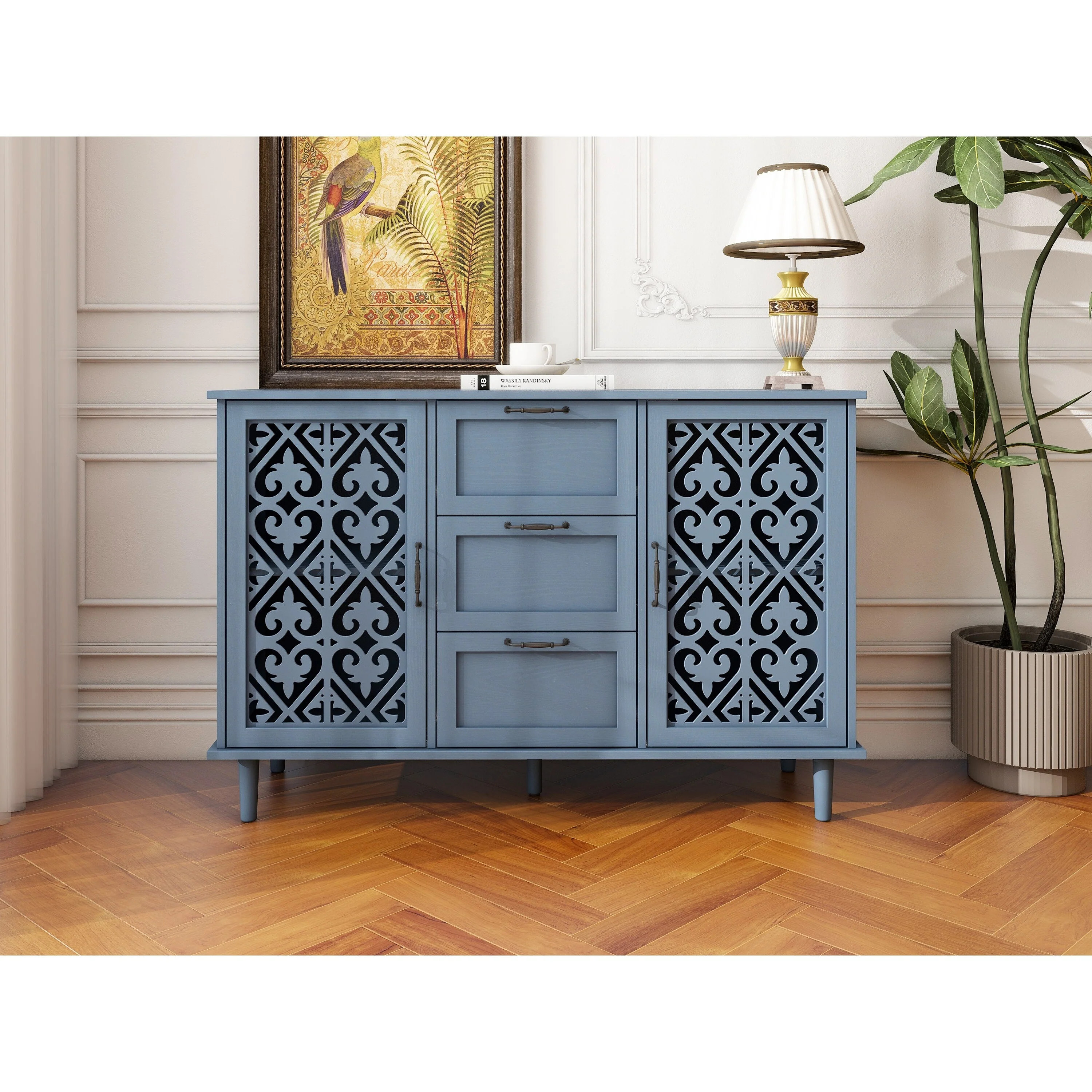 Retro Style 47.24 Horizontal Dresser with 3 Drawer and 2 Door, Carved Panel Cabinet for Bedroom, Living Room