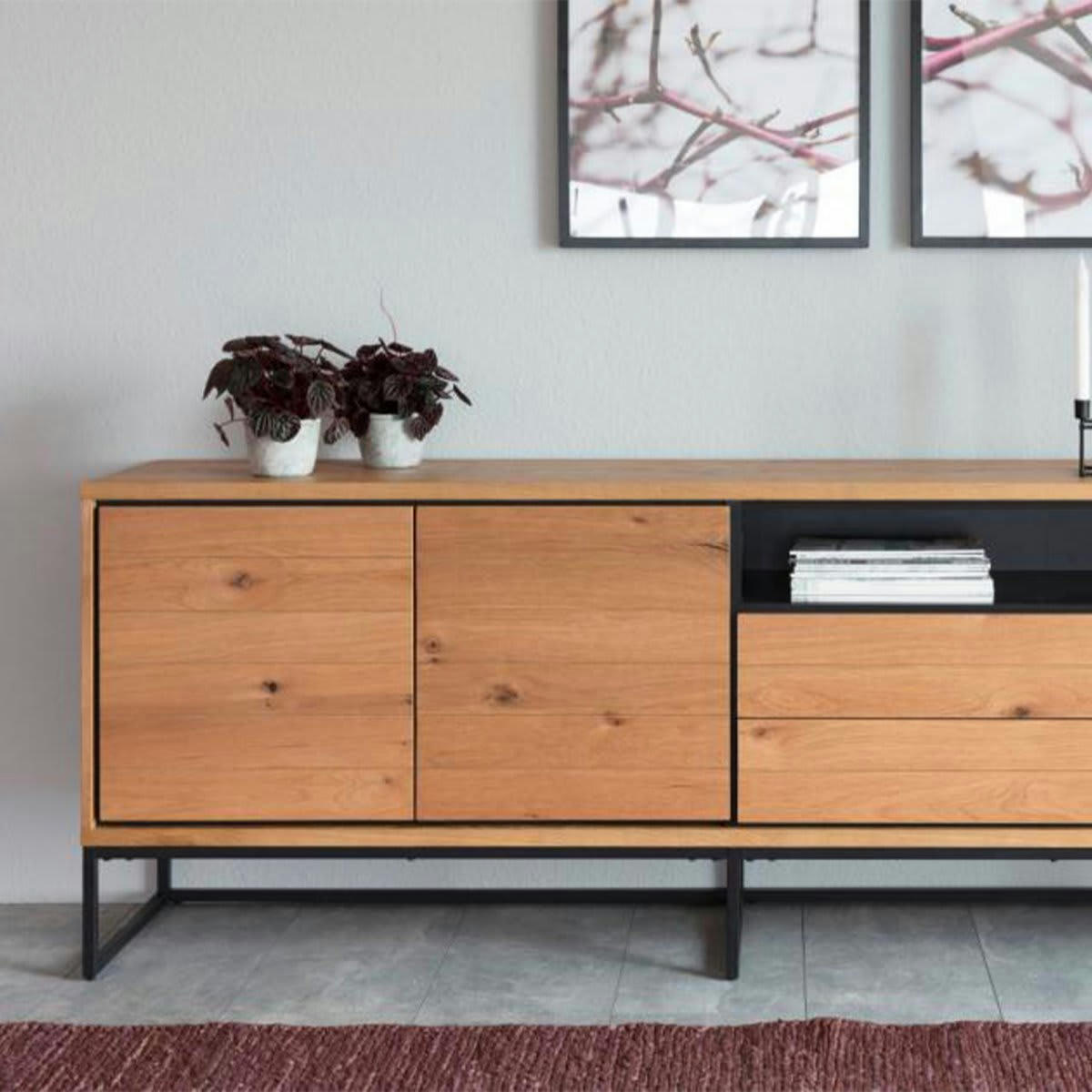 WARLANA - Buffet moderne en bois et métal noir 197cm