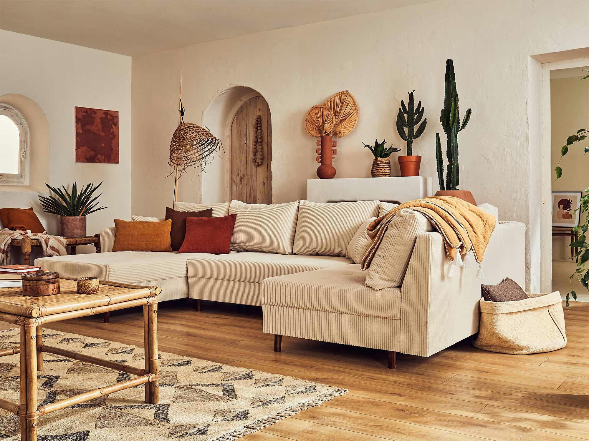 RUNE - Canapé d'angle droit 7 places en velours côtelé beige