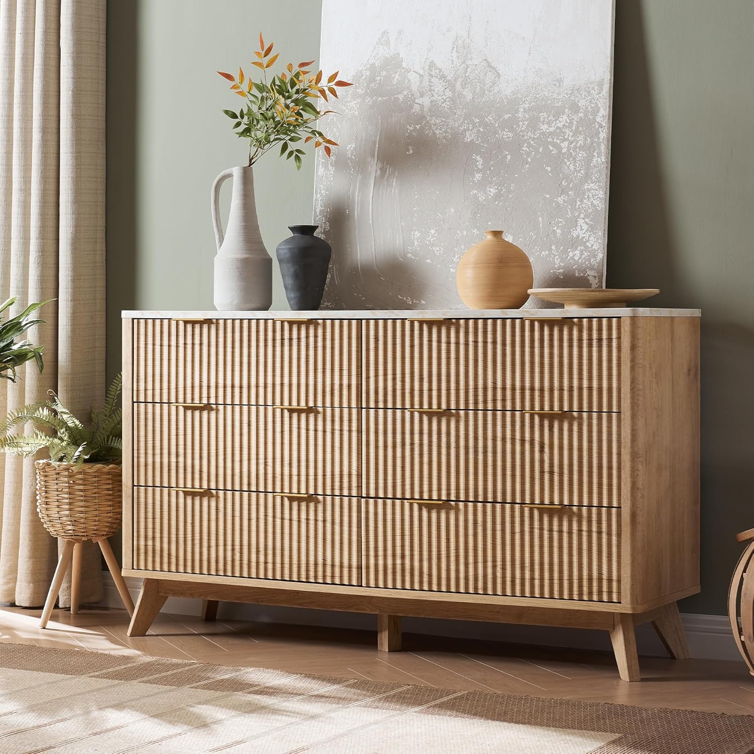 T4TREAM Fluted 6 Drawers Dresser, 54 Wide Modern Chest of Drawers with Faux Marble Top, Curved Profile Design, Dresser TV Stand, Wood Drawer Organizer for Bedroom, Living Room, Hallway, Natural Oak