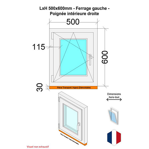 Fenêtre PVC - LxH 500x600 mm -Triple Vitrage - Blanc -poignée à droite