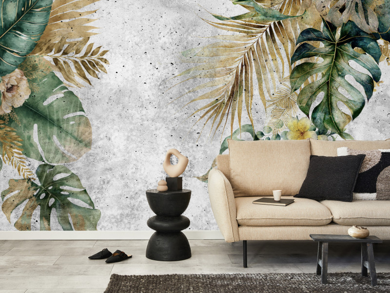 Fototapeta Tropikalne liście na betonie 100x70cm