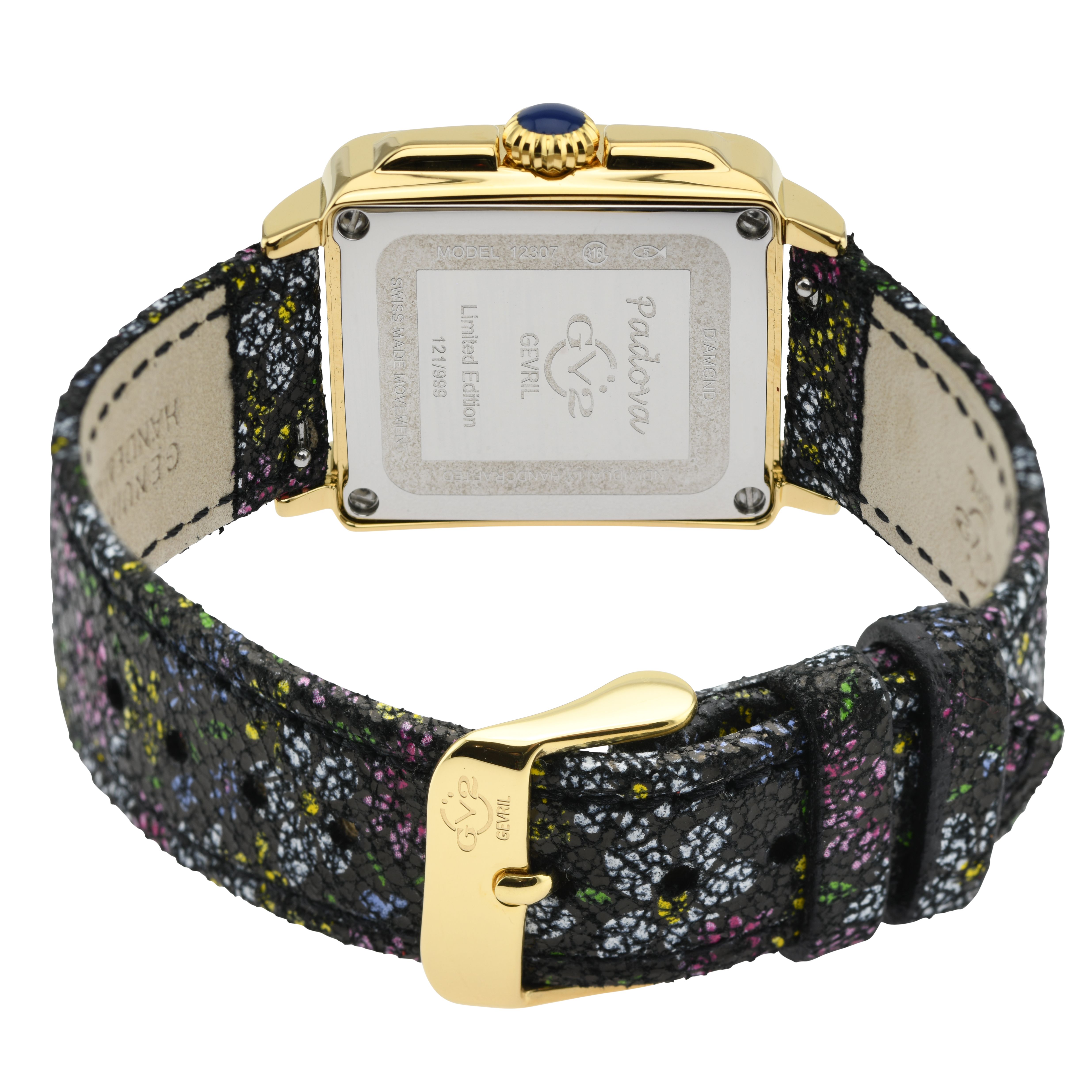 GV2 Padova Floral, Swiss Quartz Watch, MOP Black Dial, Genuine Hand Made Italian Leather, and Sapphire Crystal