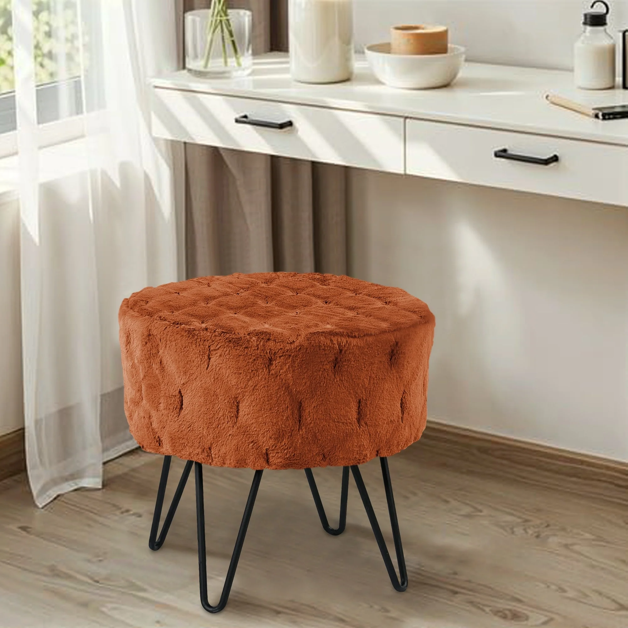Jacquard Solid Fauxfur Round Ottoman