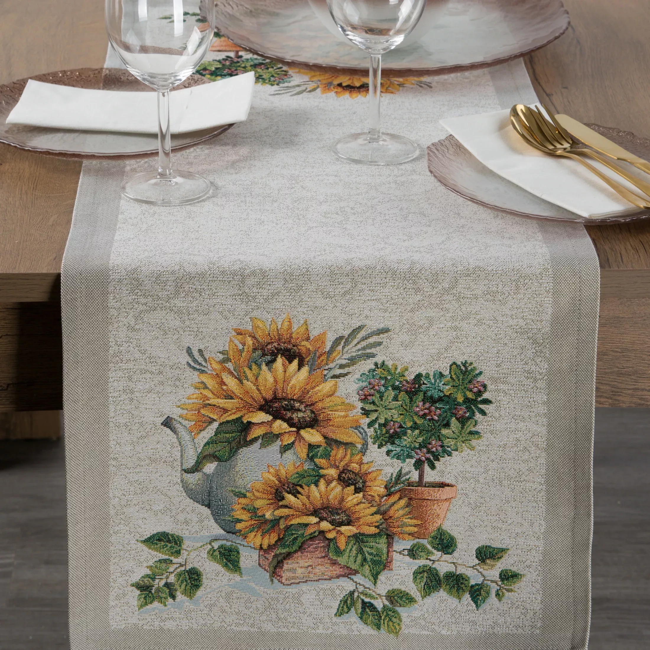Bieżnik na stół naturalno, żółty 45x140 cm gobelinowy z wzorem kwiatów słonecznika