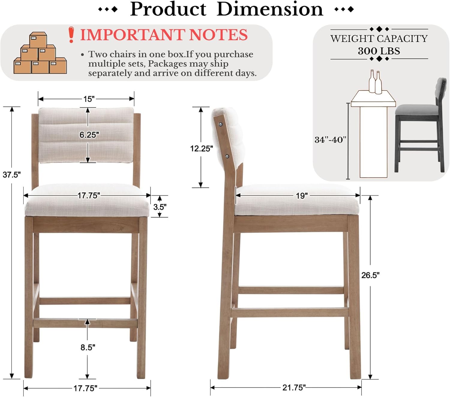26.5'' Tall Bar Stools Set of 2 Modern Counter Stools with Backs Beige Linen Upholstered Bar Height Chairs Counter Height Island Stools with Wood Frame Farmhouse Wooden Barstools for Kitchen Island