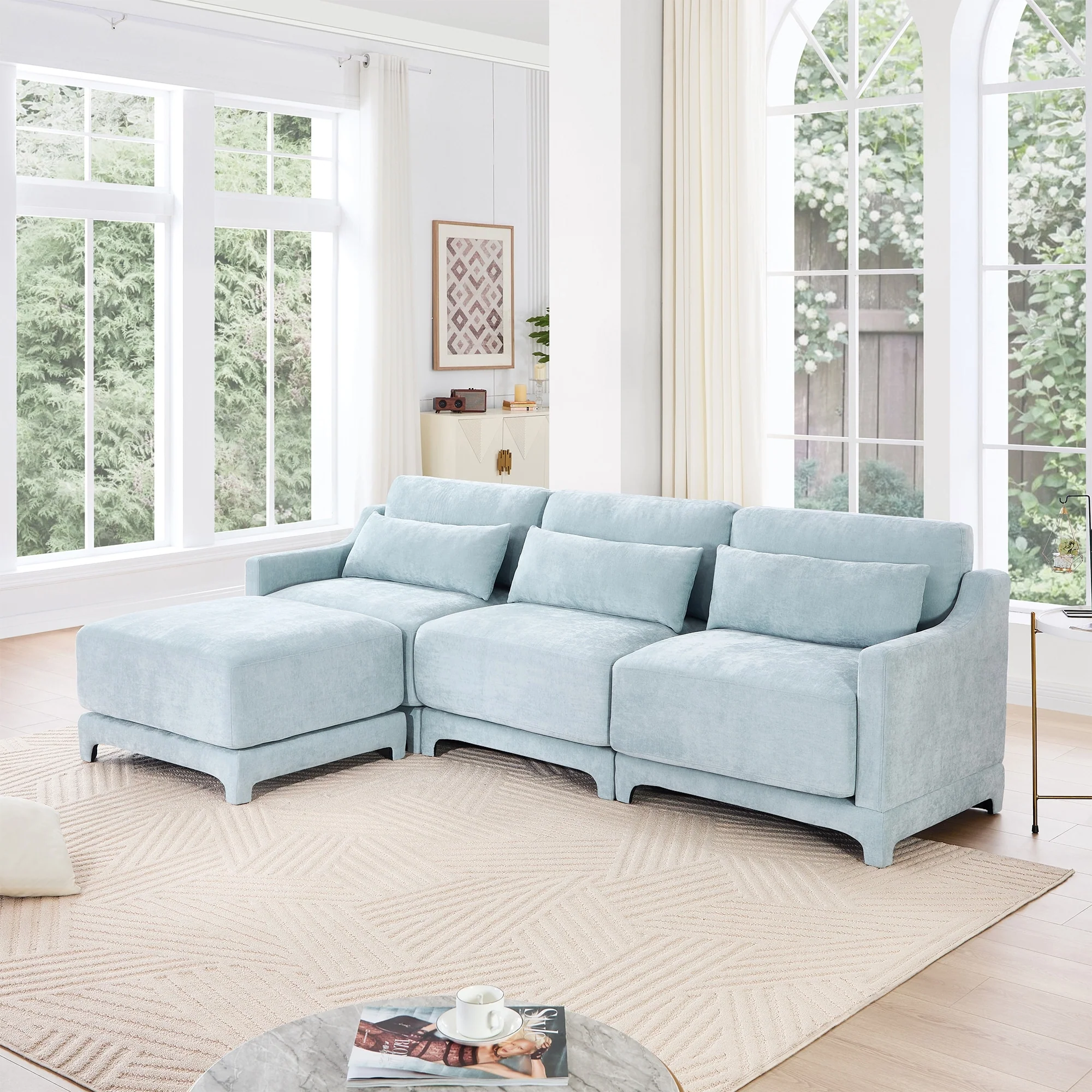 GDFStudio - Thaddeus Chenille Three-Seater Sofa With One Ottoman