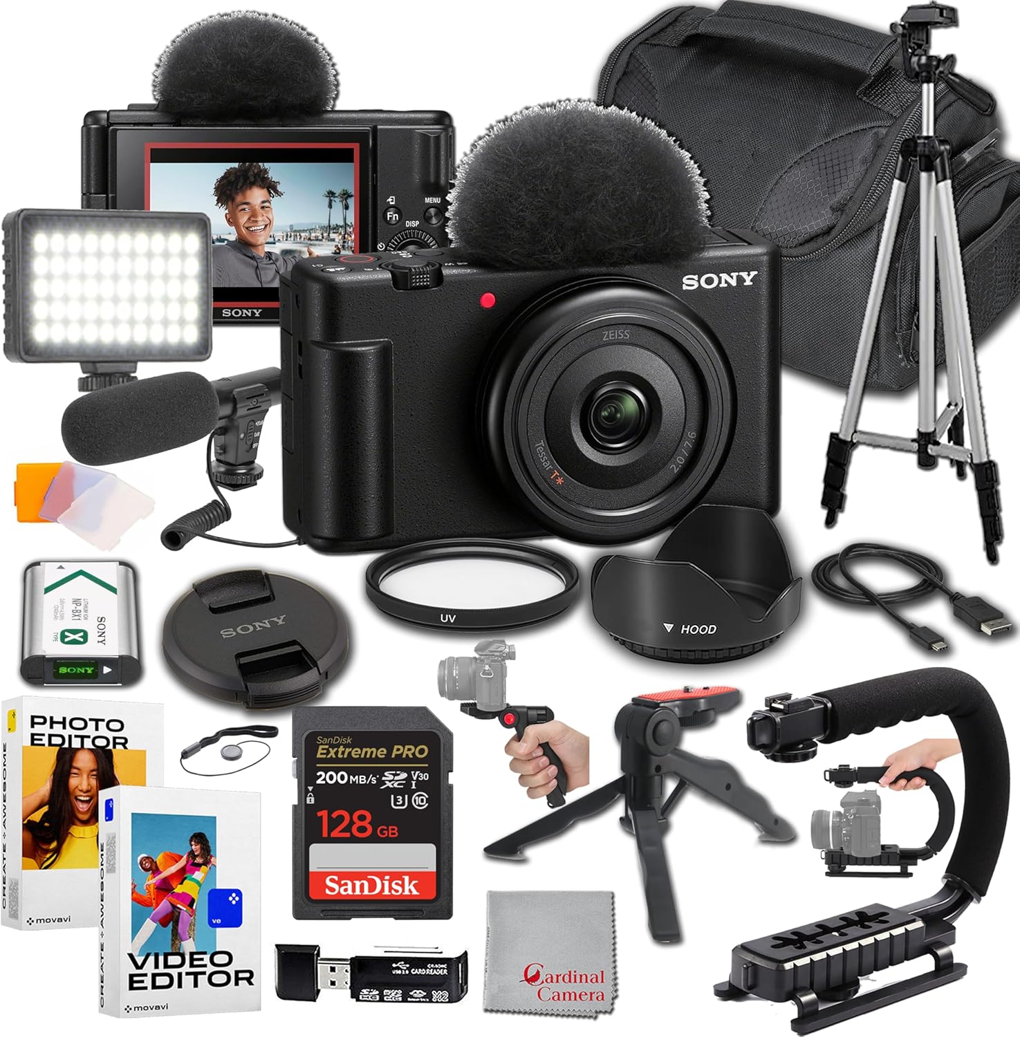 Sony ZV-1F Content Creator's Ultimate Kit: 128GB Extreme Memory  Mic  Video Light  Editing Software U-Grip  and Tripod Bundle (21pc)