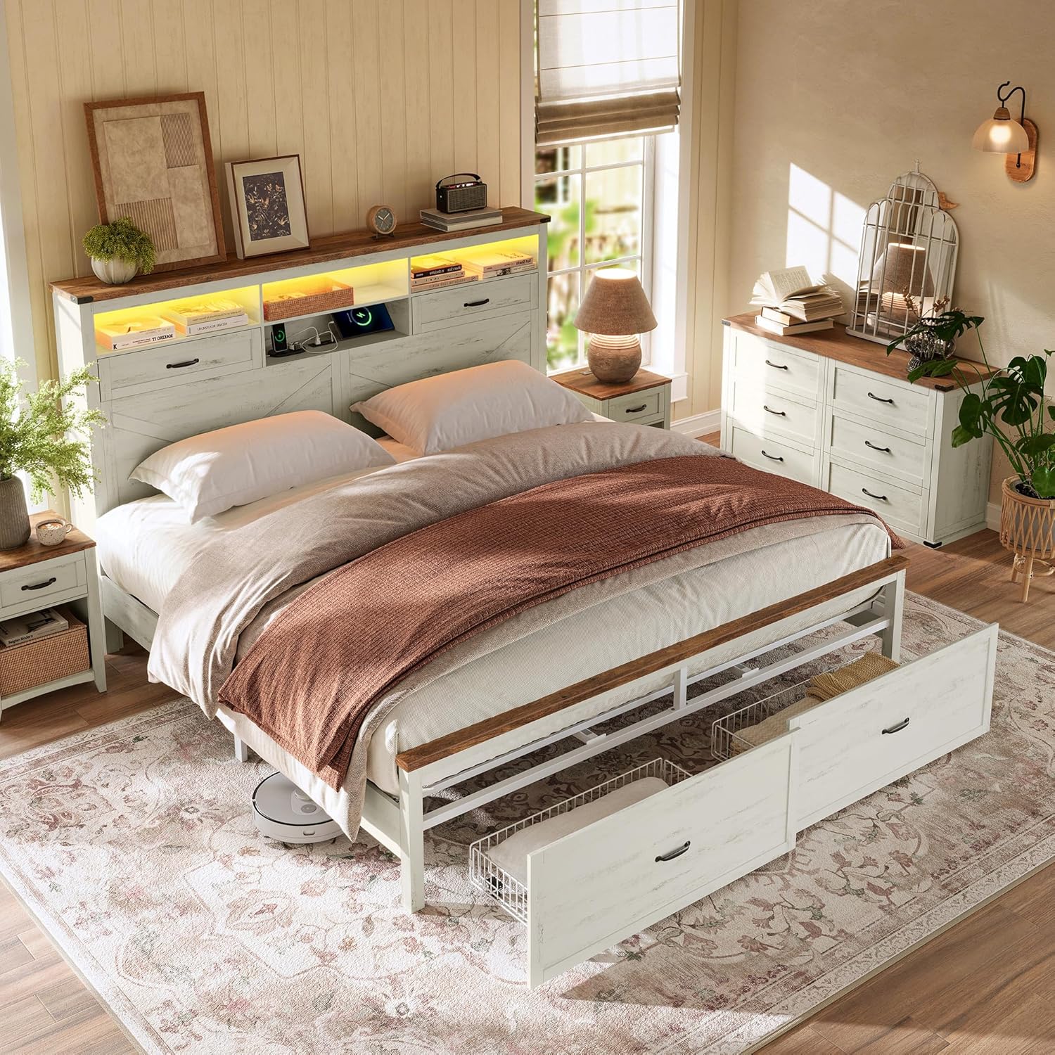 VASAGLE King Bed Frame with Storage Headboard, 51.3-Inch Tall Farmhouse Bed Frame King Size with 4 Drawers, LED Lights, Charging Station, Noise-Free, No Box Spring Needed, Rustic White URMB424W01S