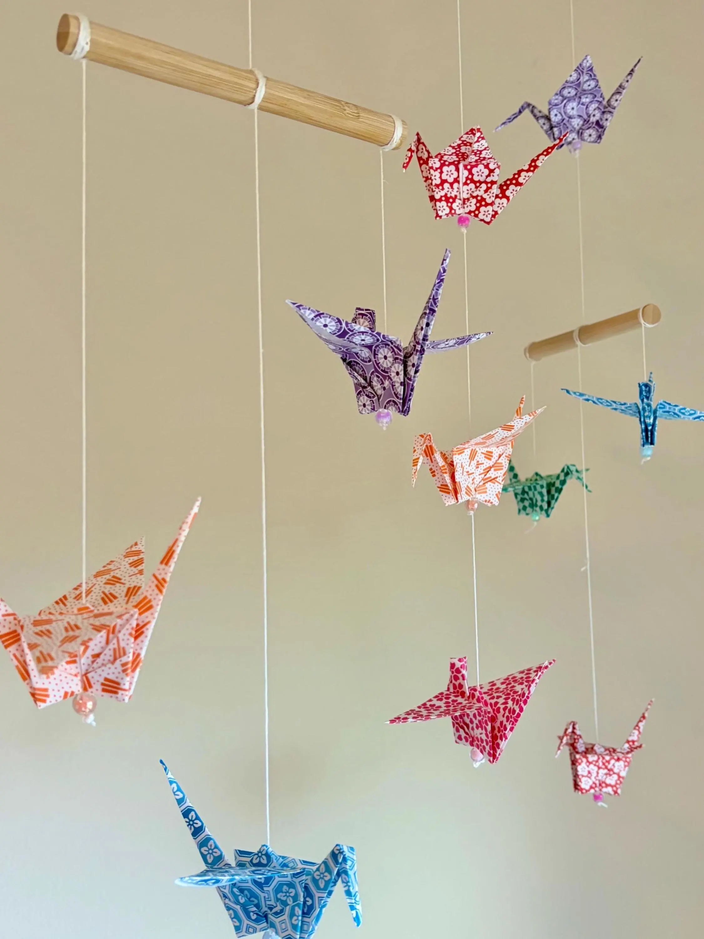 Handmade Origami Crane Mobile - Colorful Print Paper Hanging Decor