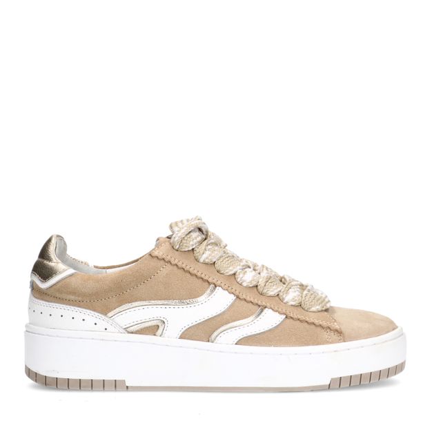 Beige suède sneakers met witte details
