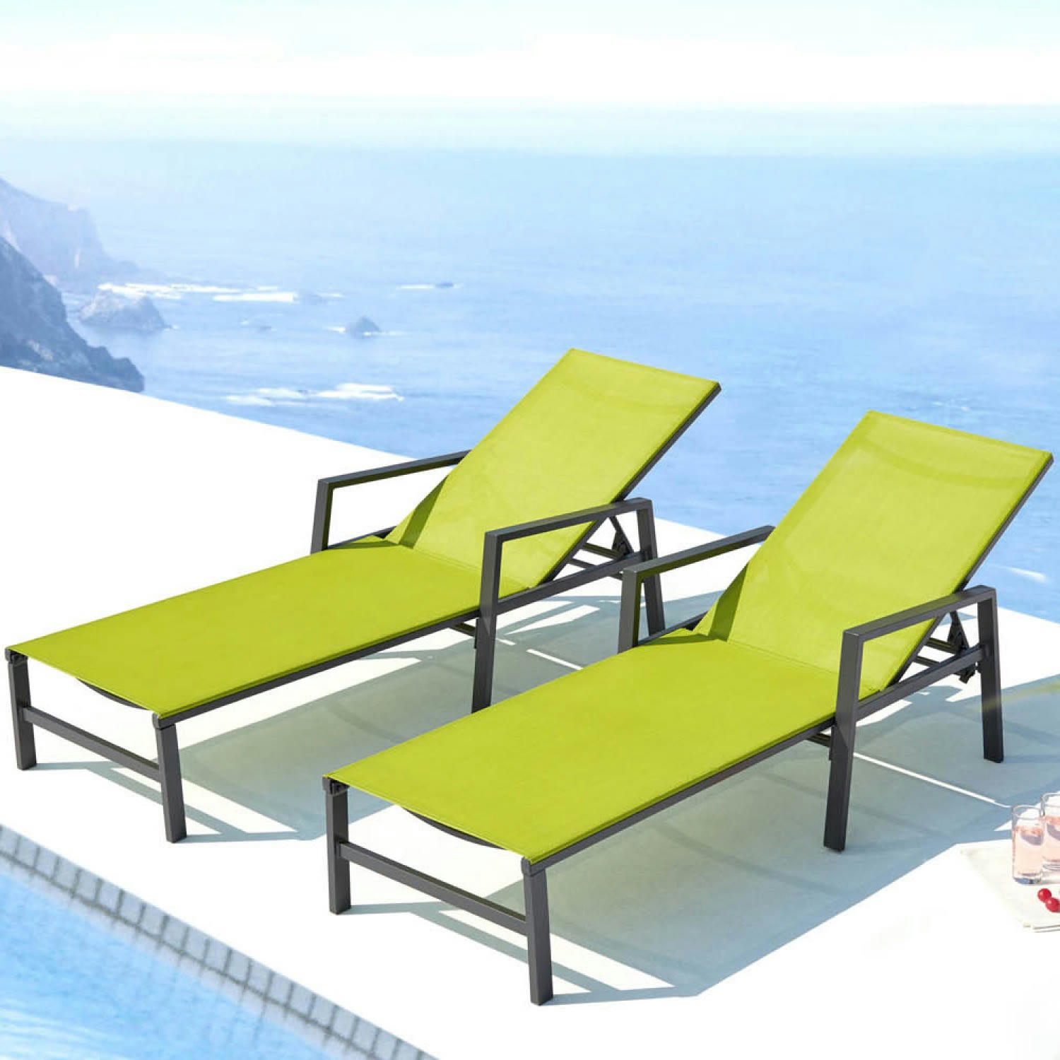 BARI - Lot de 2 transats en aluminium gris foncé et vert