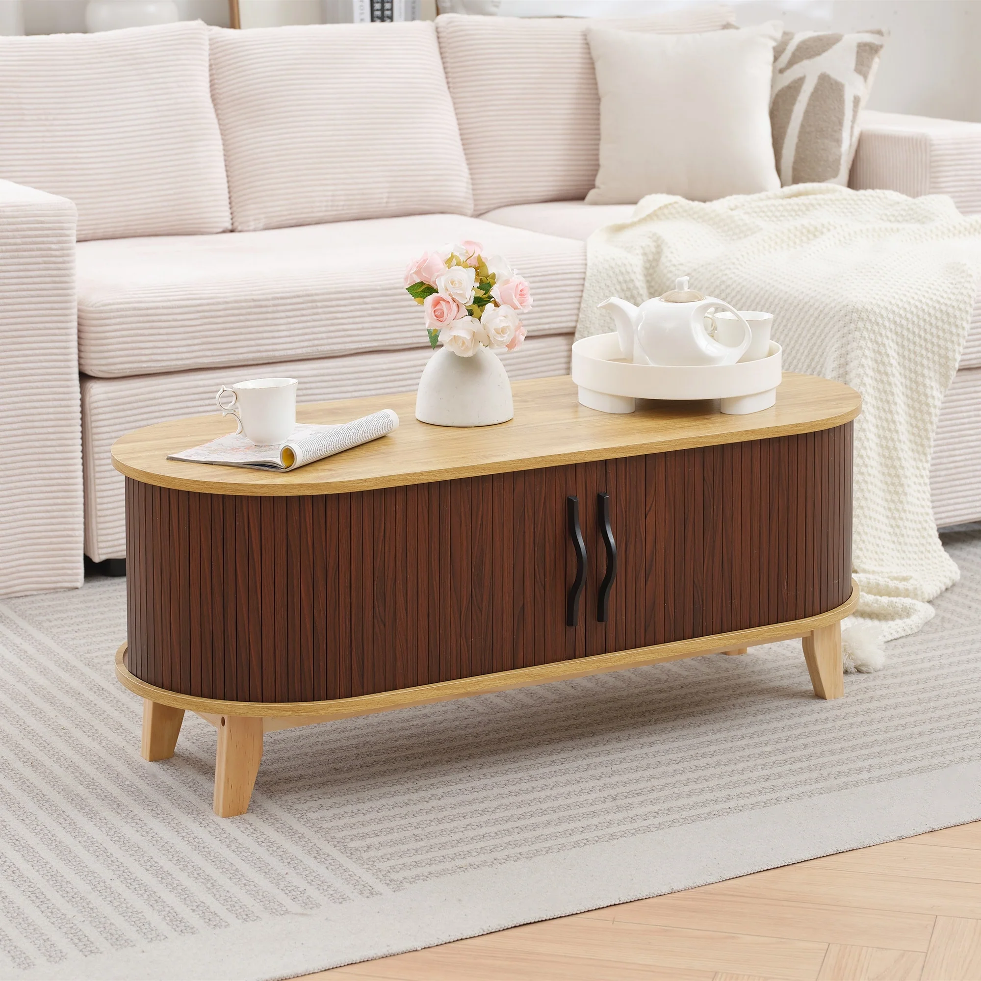 Sliding Door Coffee Table with Solid Wood Legs, Smooth Edges, and Ample Storage