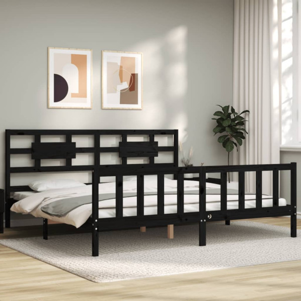 Rama łóżka z wezgłowiem czarna 200x200 cm lite drewno