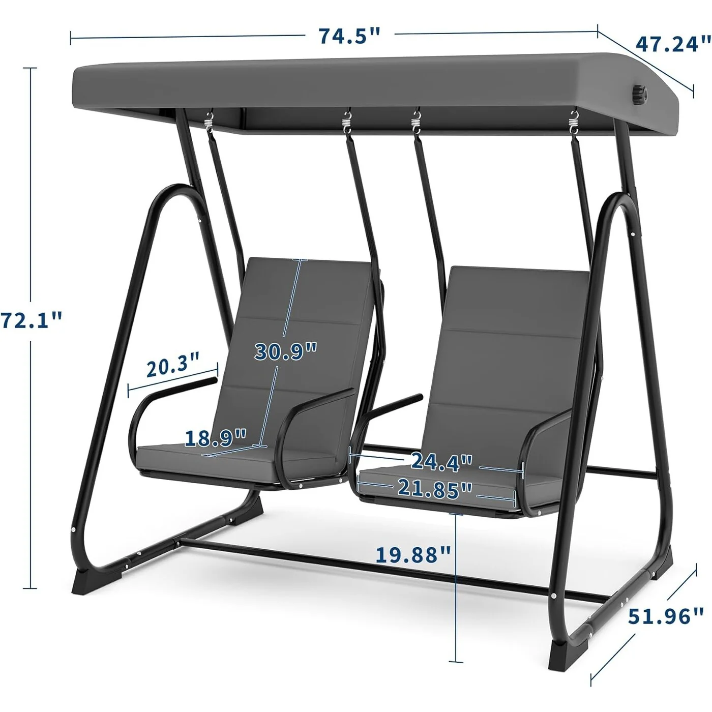 2-Person Outdoor Porch Swing Chair with Adjustable Canopy, Patio Swing Glider with Removable Cushions, Independent Swing