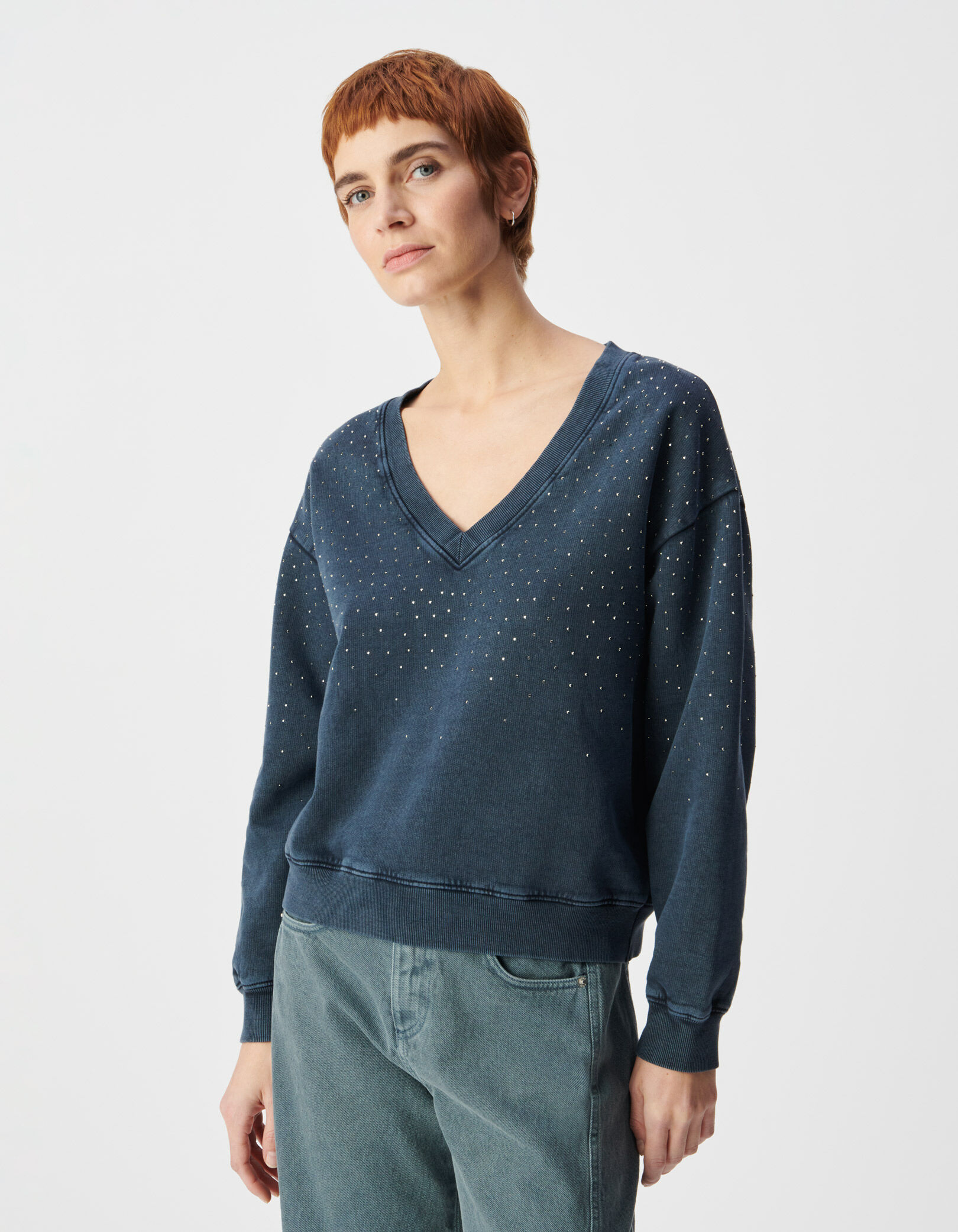 Sweat encolure V marine coton bio détails strass Femme