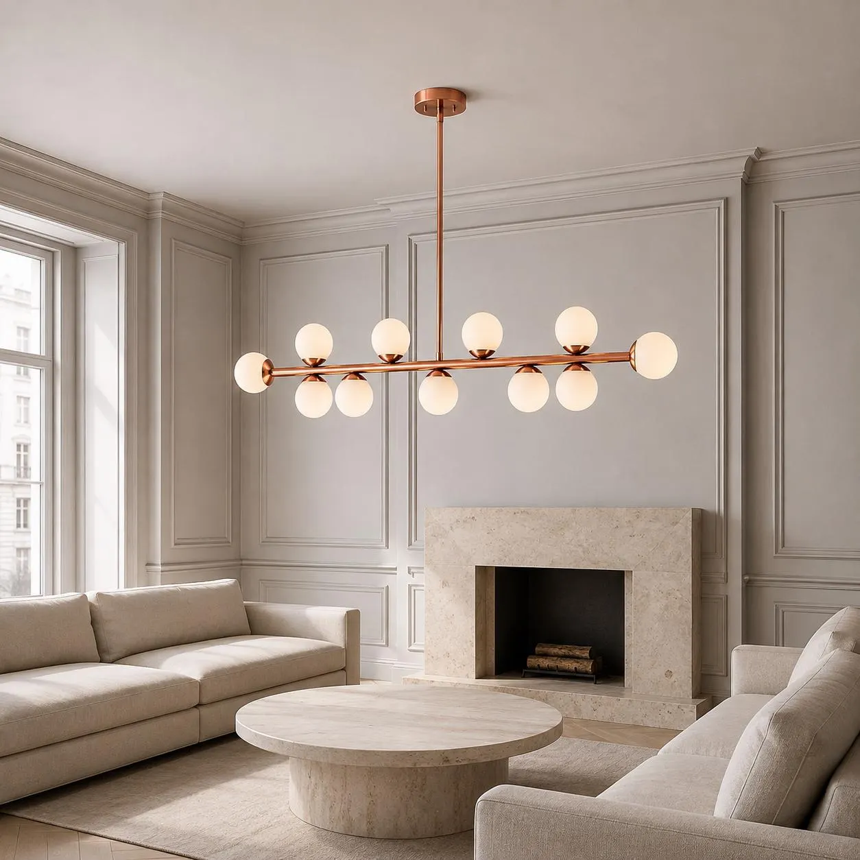 60 Inch Modern Globe Chandelier, Opal Glass Pendant Light, Linear Dining Room Chandelier, Kitchen Island Light, Luxury Mid Century Fixture