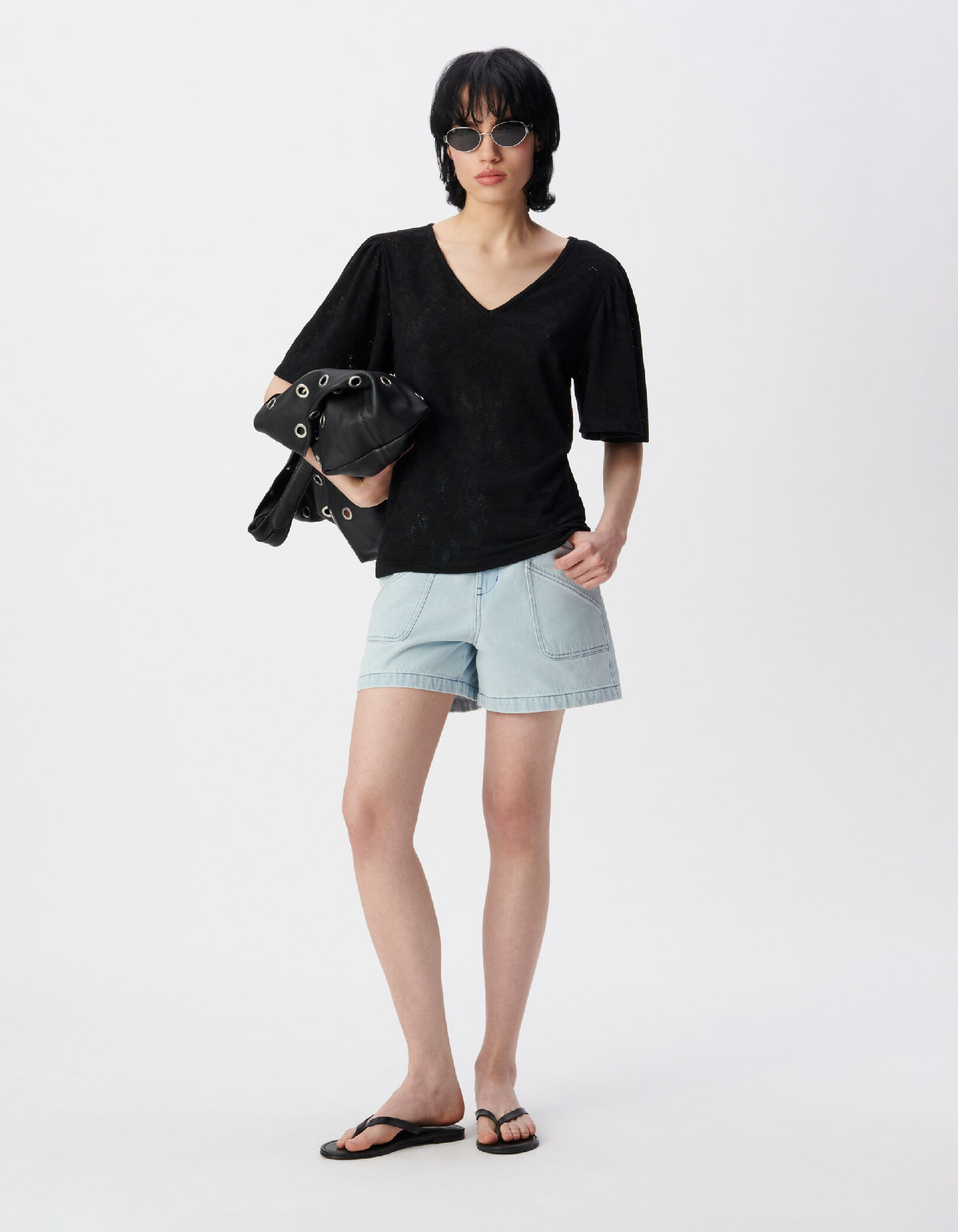 Tee-shirt manches courtes noir ajouré Femme