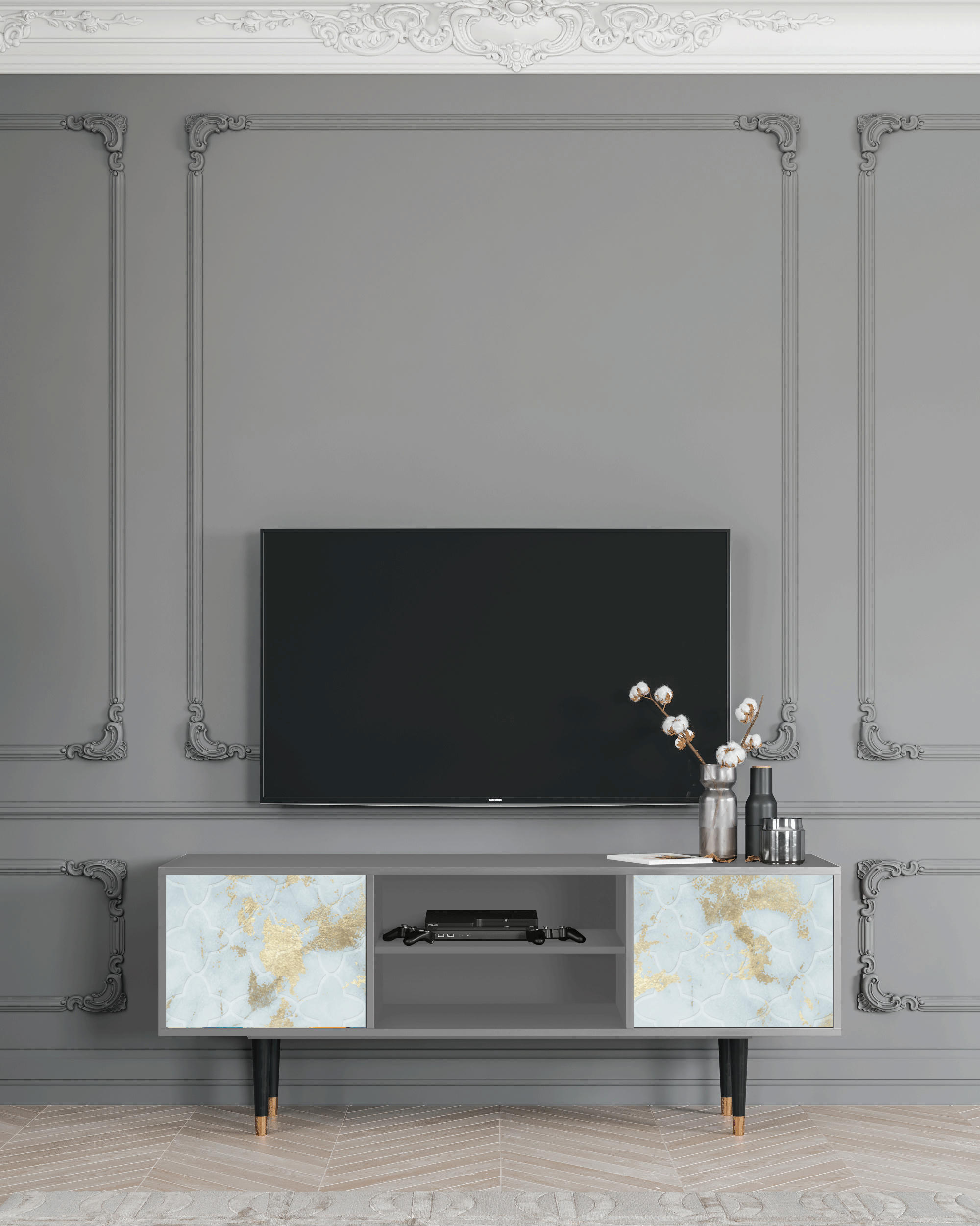 GOLDEN WAVES - Meuble TV  blanc clair 2 portes L 170 cm
