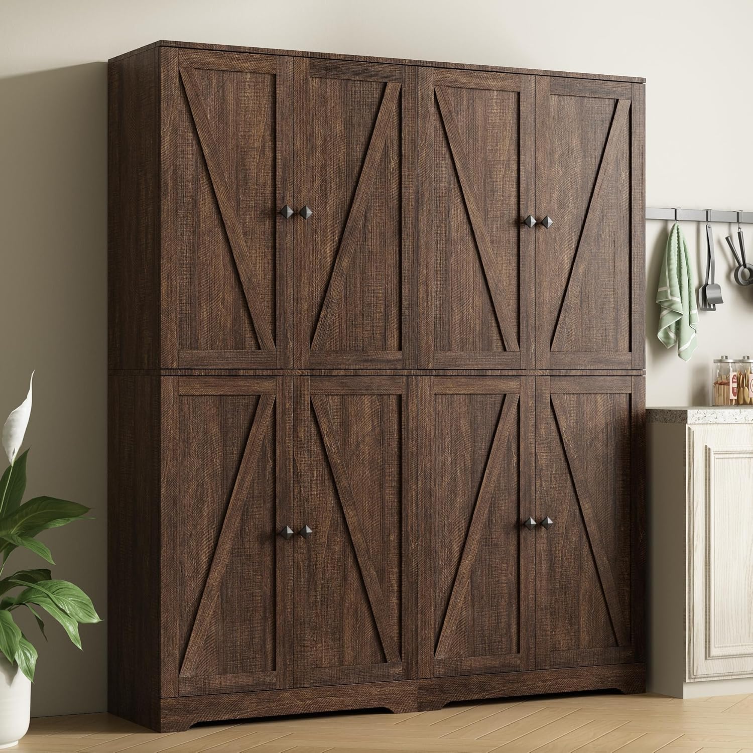 LYNSOM Farmhouse Storage Cabinet Set of 2, 72 Tall Kitchen Pantry Cabinet with 4 Barn Doors and Adjustable Shelves, Freestanding Storage Cabinets for Kitchen, Brown