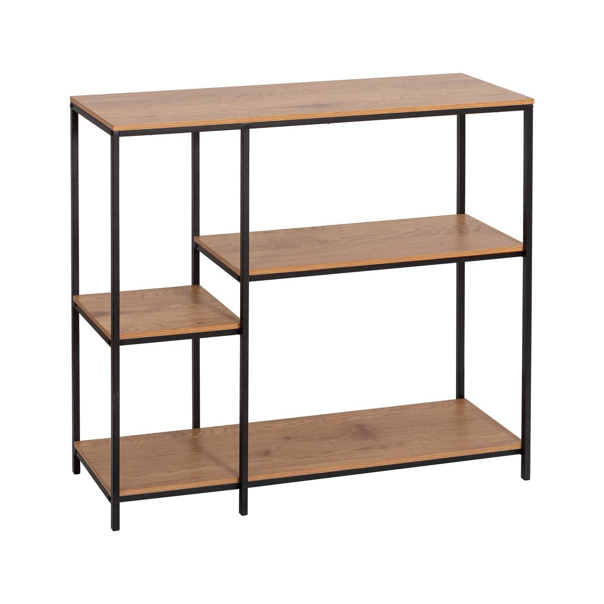 Estante preta com prateleiras em madeira